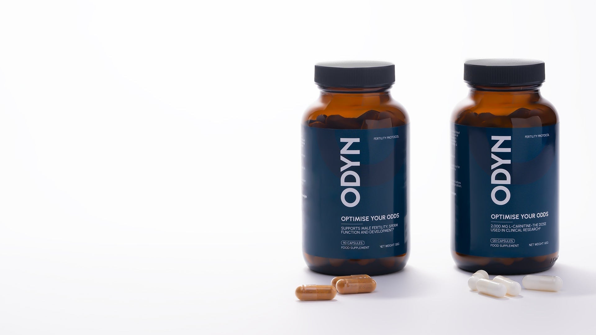 Two ODYN male fertility supplement bottles with capsules on a white background