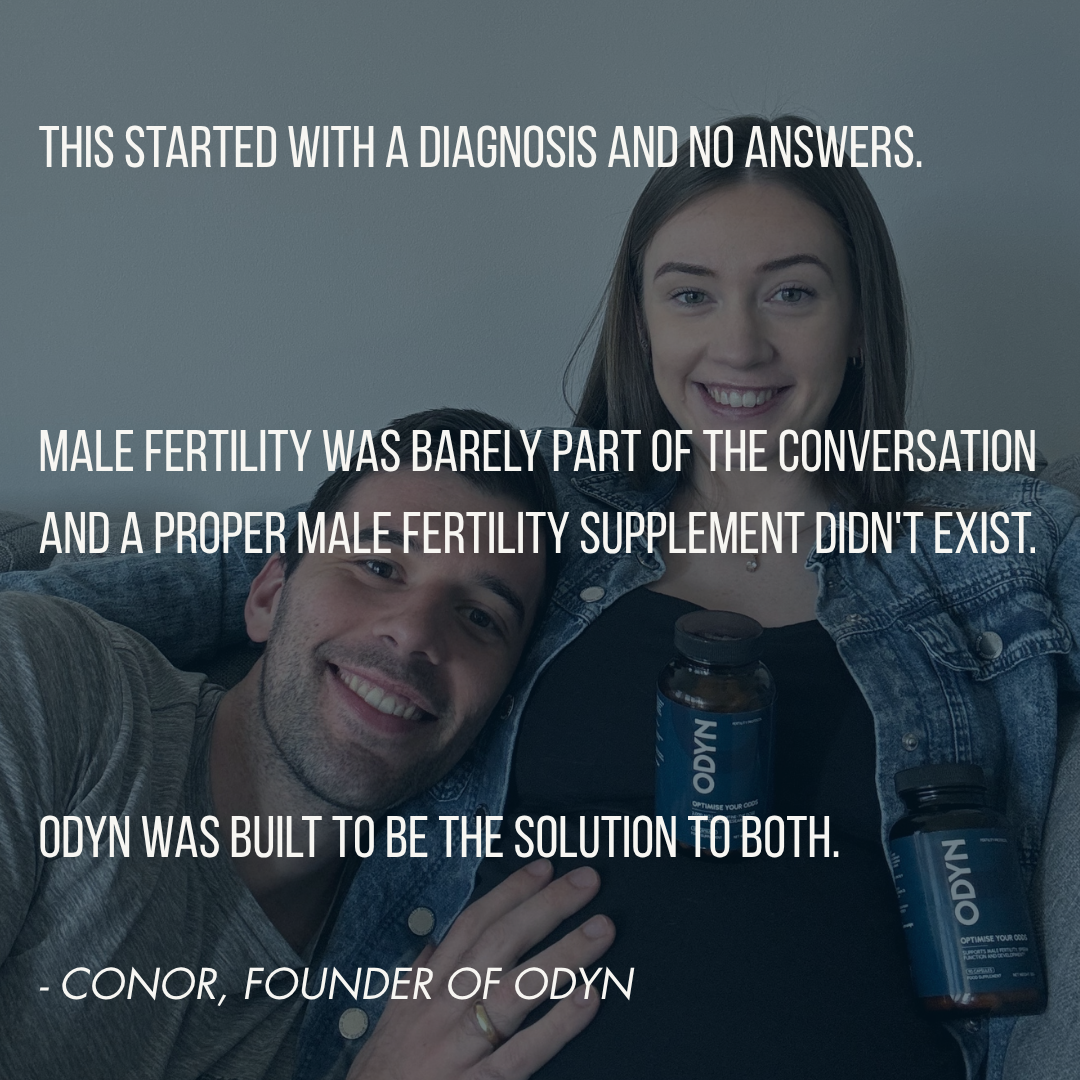 Founders smiling with a bottle of ODYN supplement, text about origin of the male fertility supplement from ODYN health.