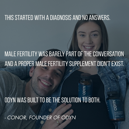 Founders smiling with a bottle of ODYN supplement, text about origin of the male fertility supplement from ODYN health.